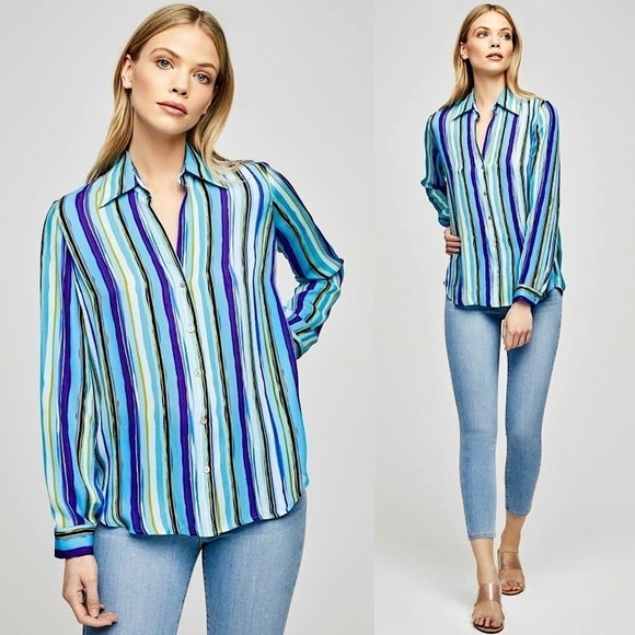 NWT L'AGENCE Silk Chiffon Marine Stripe Long Sleeve V-Neck Button Up Blouse S - Picture 1 of 11